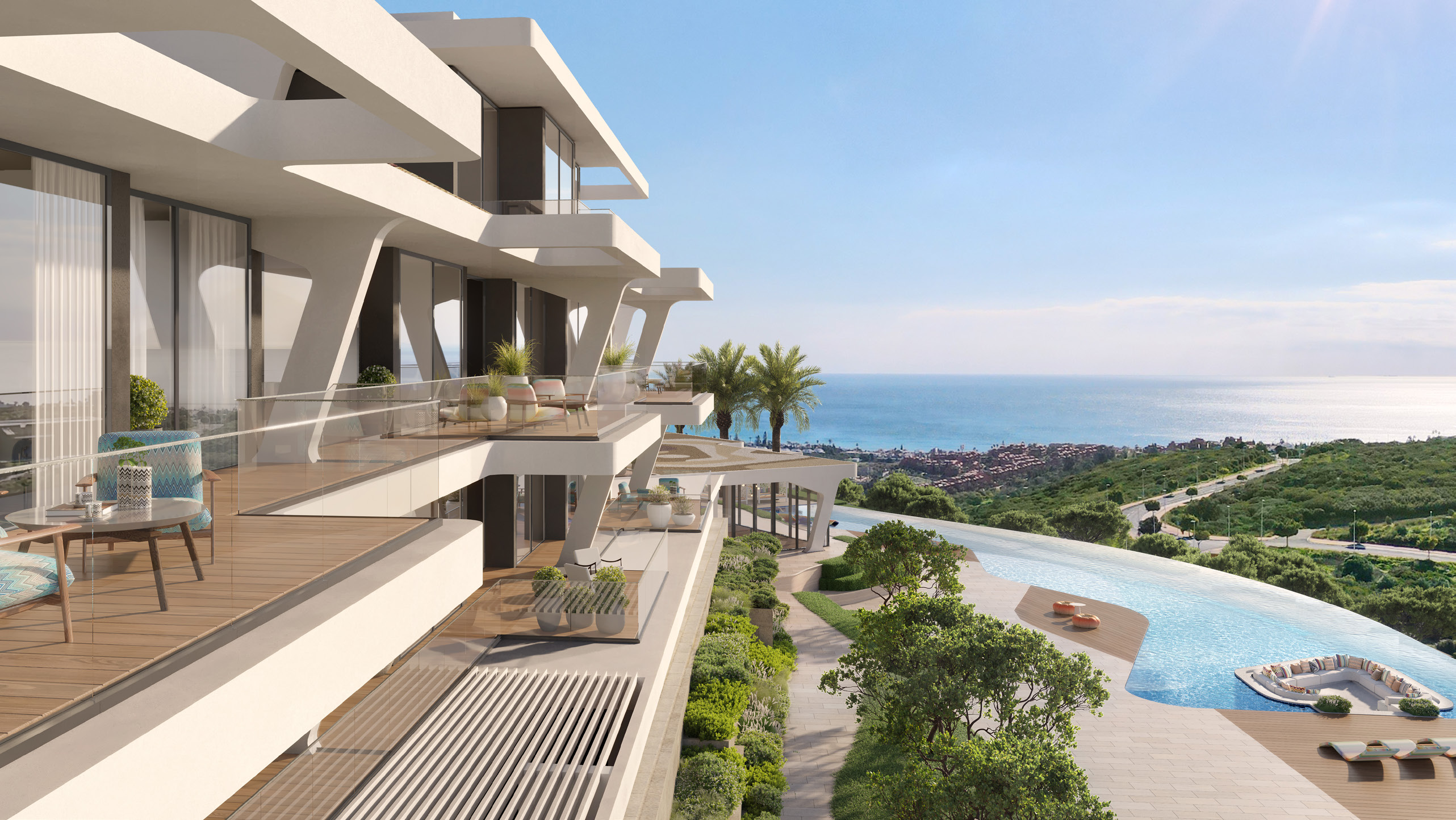 Panoramic coastal views from Marea Missoni residences at Cortesin, Costa Del Sol