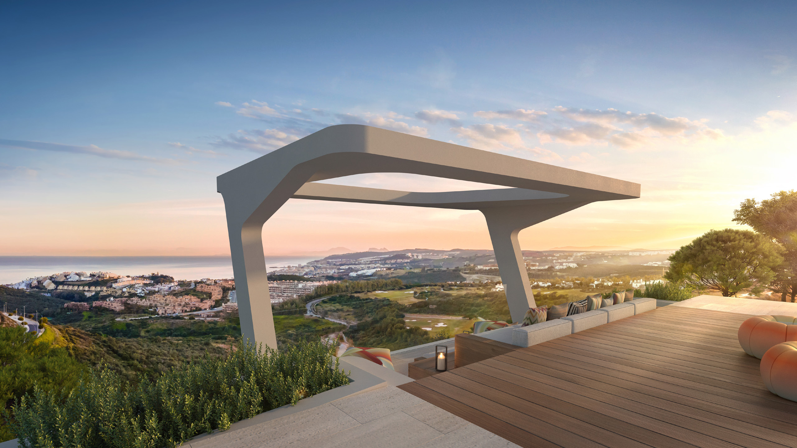 Exterior architecture of Marea luxury residences at sunset